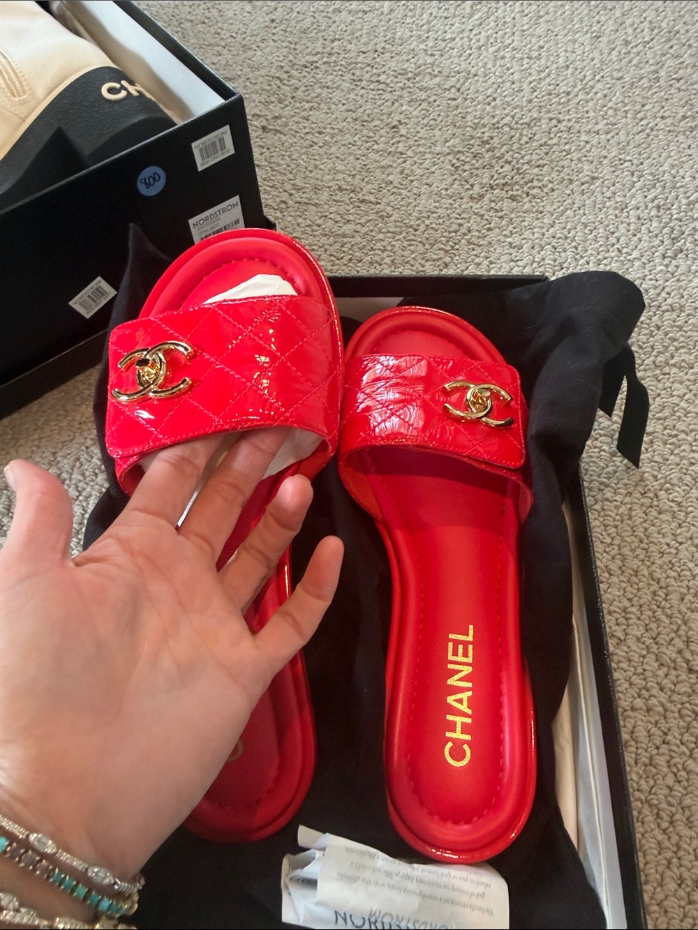 CHANEL Red Quilted Patent Leather Slide Sandals with Gold CC